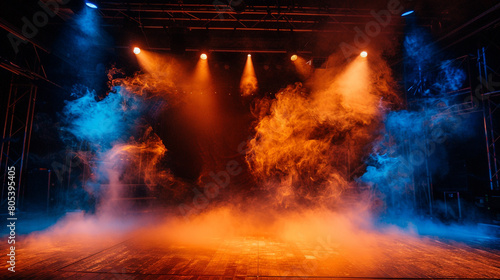 A stage with swirling amber smoke under a deep blue spotlight, setting a warm, inviting mood. photo