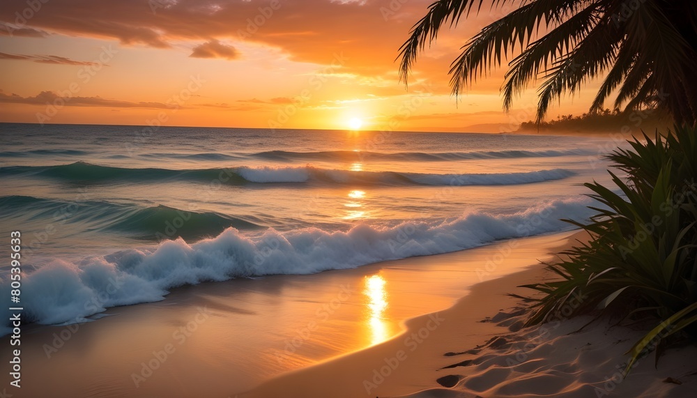 A tropical beach scene with palm tree fronds in the foreground, a vibrant over the ocean, and waves lapping at the sandy shore