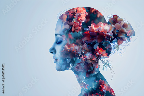 Double exposure woman's profile with flowers, an illustration for mental health and women's day.