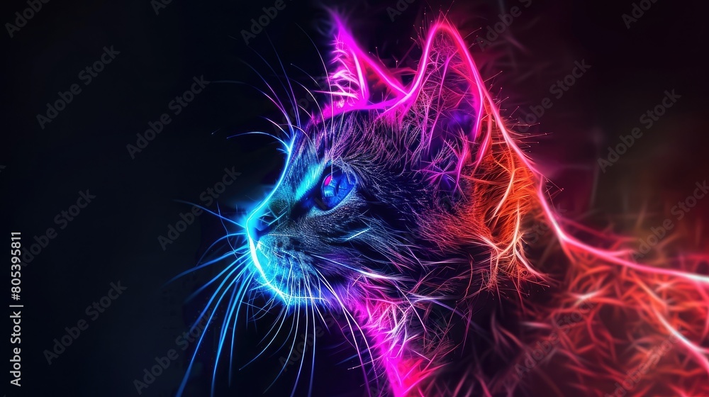 Cat Animal Plexus Neon Black Background Digital Desktop Wallpaper HD 4k ...