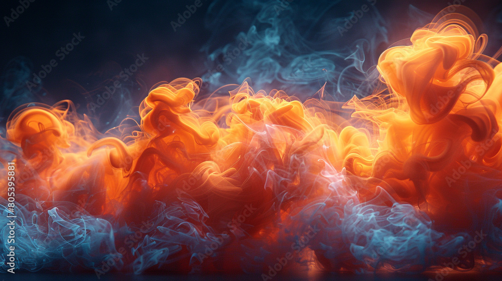 A swirling orange smoke abstract background on a stage with a cyan blue spotlight casting a mysterious glow against a deep navy background. A swirling orange smoke abstract background on a stage with a cyan blue spotlight casting a mysterious glow against a deep navy background.