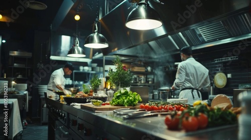 Fototapeta Naklejka Na Ścianę i Meble -  Commercial kitchen with chefs cooking, professional job