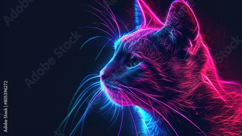 Cat Animal Plexus Neon Black Background Digital Desktop Wallpaper HD 4k Network Light Glowing Laser Motion Bright Abstract © Mubeen