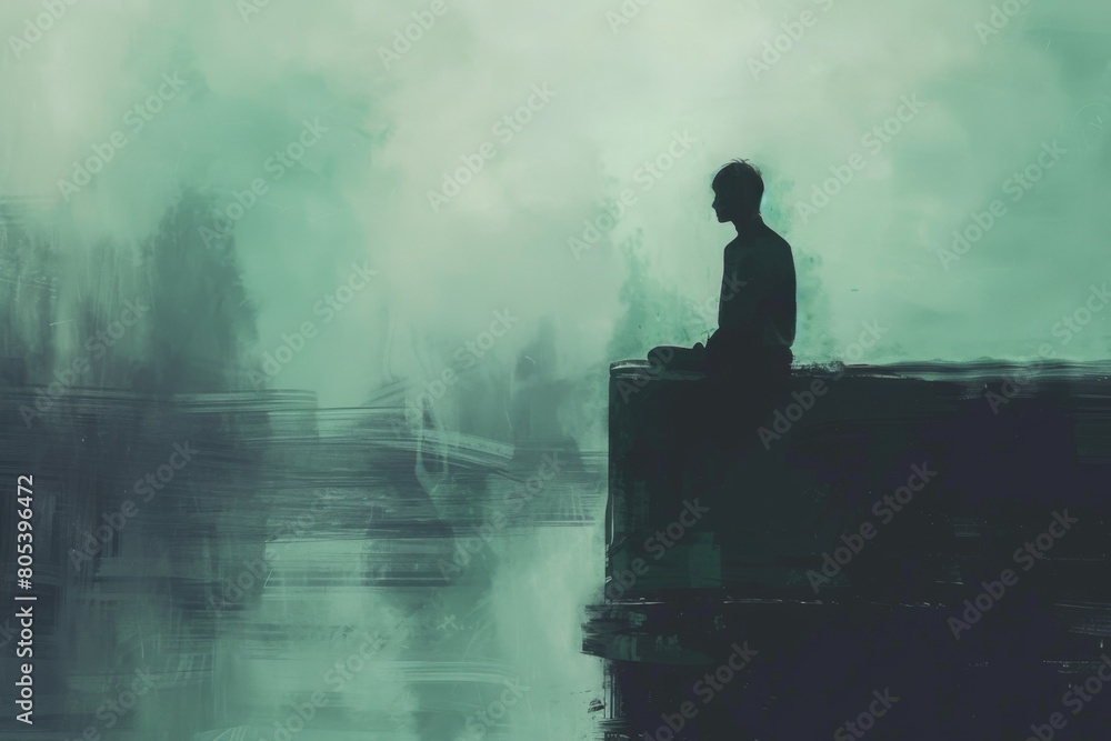 A man sits on a ledge overlooking a body of water A man sits on a ledge overlooking a body of water