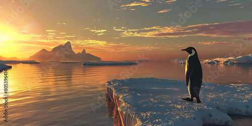 A penguin is standing on an iceberg with mountains in the background. 