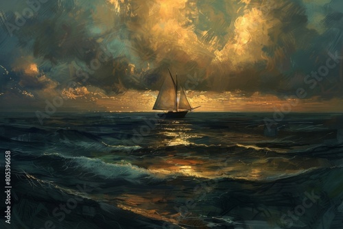 A painting of a sailboat on a stormy sea with a sunset in the background © Pix