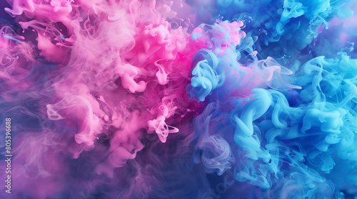 A chaotic yet beautiful explosion of smoke in neon pink and electric blue, clashing and blending in a dynamic abstract expression. photo