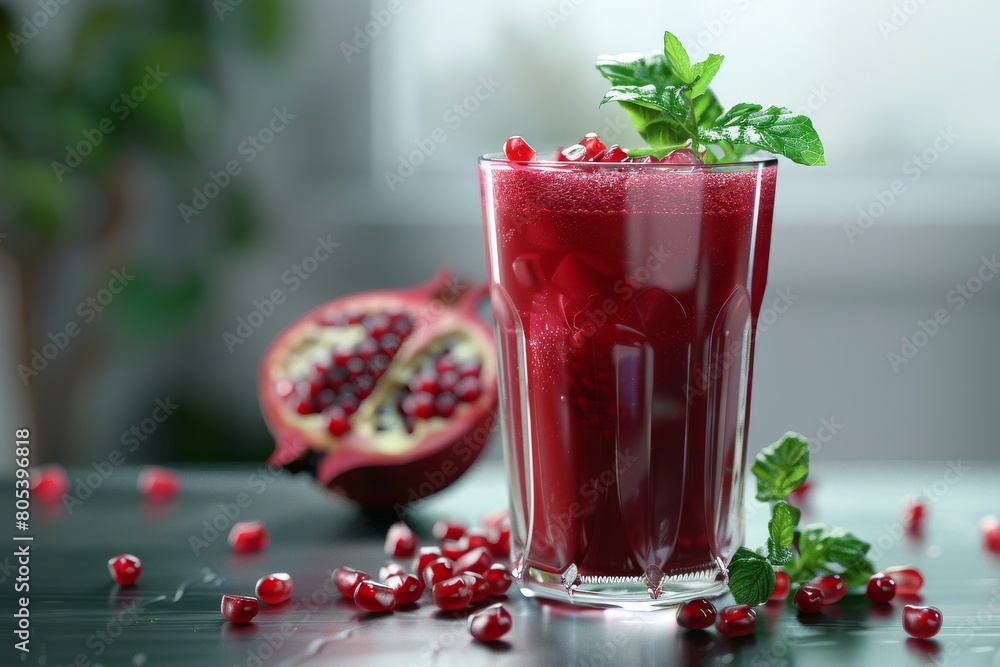 A refreshing glass of freshly squeezed pomegranate juice, garnished with a sprig of mint. A refreshing glass of freshly squeezed pomegranate juice, garnished with a sprig of mint.