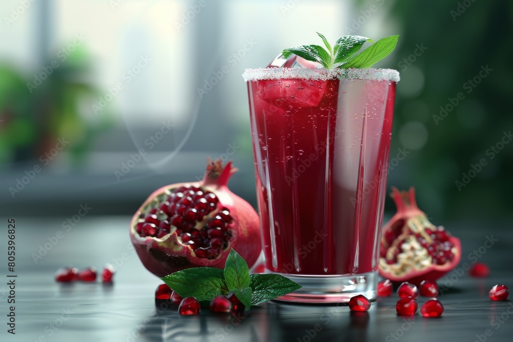A refreshing glass of freshly squeezed pomegranate juice, garnished with a sprig of mint. A refreshing glass of freshly squeezed pomegranate juice, garnished with a sprig of mint.