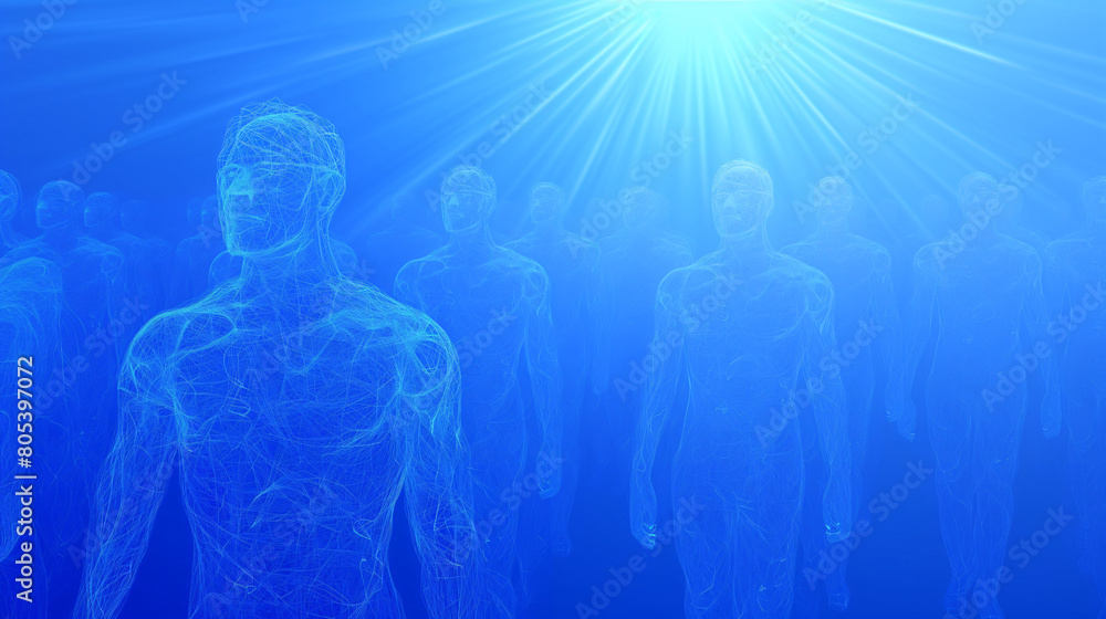 Outlined human figures in blue, bathed in light, representing awakening or collective consciousness Outlined human figures in blue, bathed in light, representing awakening or collective consciousness
