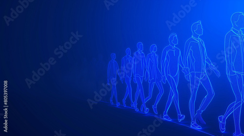 Outlines human forms in Blue wireframe glowing, symbolizing concepts of evolution or technological progress, growth or innovation