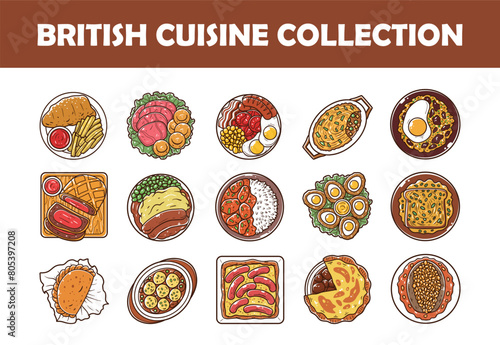 British cuisine top view vector illustration set