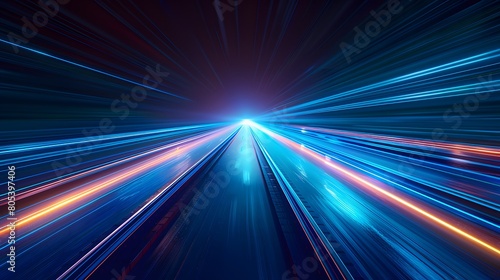Blue technology light speed background with blue and white lines, dark night sky with road to the horizon, motion blur effect. A high speed car or train moving fast on the highway with a motion 