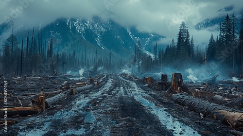 Forested mountains with mist and remnants of a burnt forest in the foreground, reflecting the aftermath of forest fires, Concept of natural disasters and recovery efforts photo