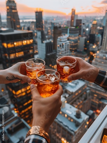 Travelers Celebrating Adventures to Come With Whiskey Sours on a Rooftop Terrace Overlooking a Vibrant City Skyline photo