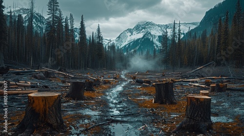 Serene but somber scene of a deforested area under overcast sky, stumps and logs foregrounding snow-capped mountains, Concept of climate change and ecology photo