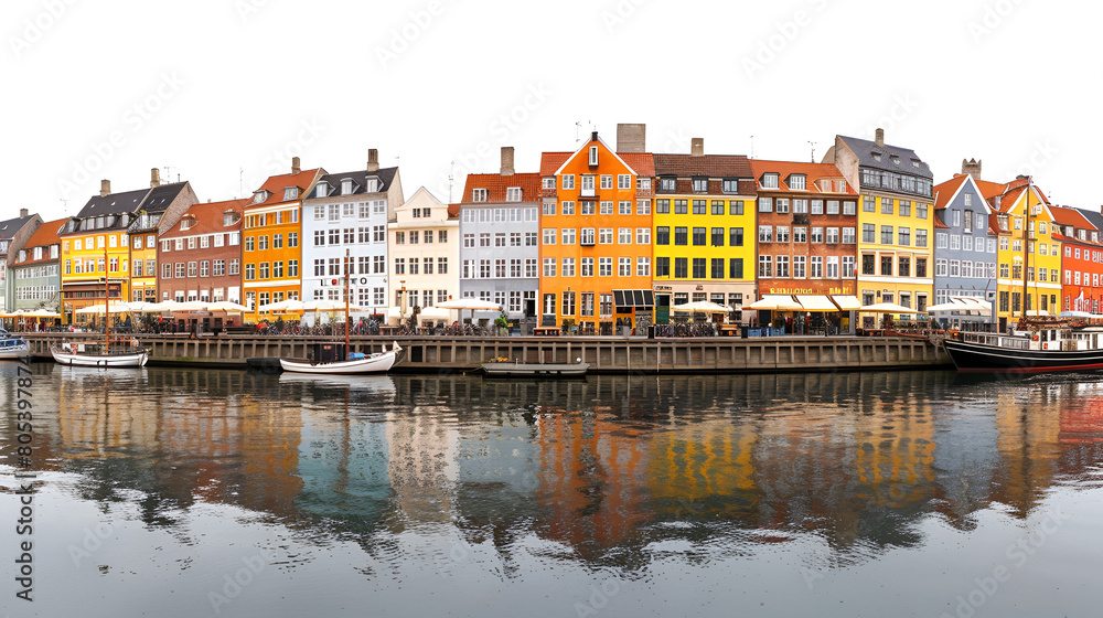 Copenhagen iconic view. Famous old Nyhavn port in the center of Copenhagen, Denmark during winter sunny day Colourful townhouses facades and old ships along the Nyhavn Canal, Copenhagen, Generative Ai