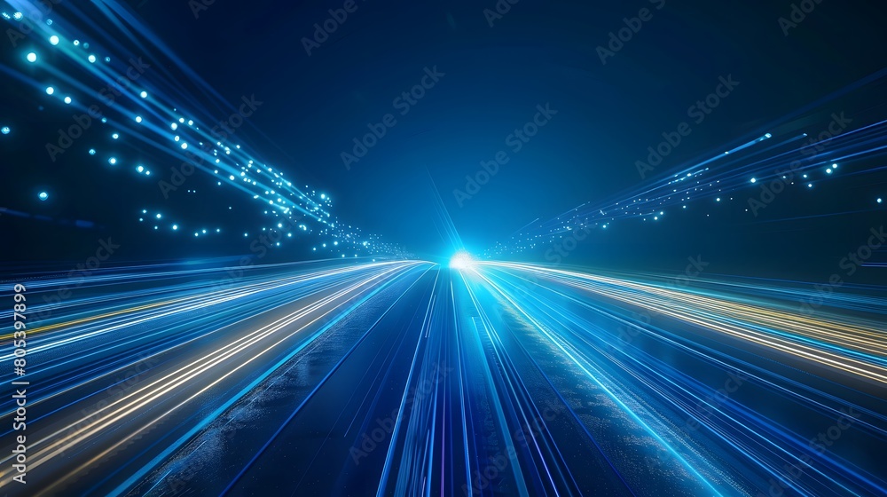 Blue technology light speed background with blue and white lines, dark night sky with road to the horizon, motion blur effect. A high speed car or train moving fast on the highway with a motion Blue technology light speed background with blue and white lines, dark night sky with road to the horizon, motion blur effect. A high speed car or train moving fast on the highway with a motion