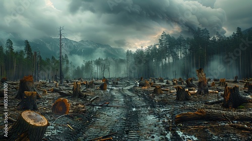 Dramatic post-wildfire landscape with lingering smoke amongst charred tree remains and stormy skies, Concept of wildfire aftermath and environmental challenges photo