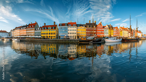 Copenhagen iconic view. Famous old Nyhavn port in the center of Copenhagen, Denmark during winter sunny day Colourful townhouses facades and old ships along the Nyhavn Canal, Copenhagen, Generative Ai