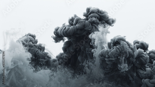 A dense plume of smoke in jet black rising against a stark white background, creating a bold and graphic abstract image.