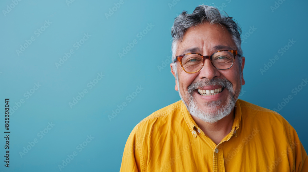 Obraz premium A man with glasses is smiling and wearing a yellow shirt