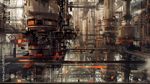 futuristic industrial cylindrical structures, reactors and furnaces, connected by a network of pipes and walkways