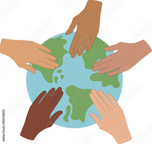 Hand of people with different skin colors holding globe symbol, planet earth, Flat vector illustration, world concept