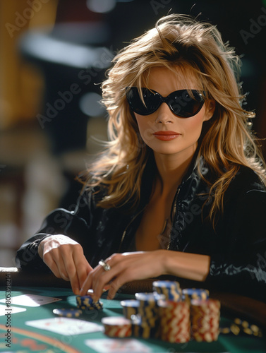 Poker or Blackjack player. Pretty woman is sitting, plays with chips on a casino cards table with sunglasses 