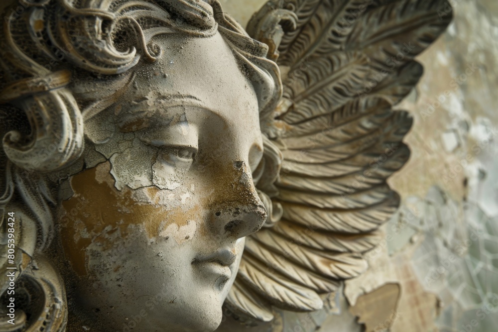 A statue of an angel with a wing on the right side A statue of an angel with a wing on the right side