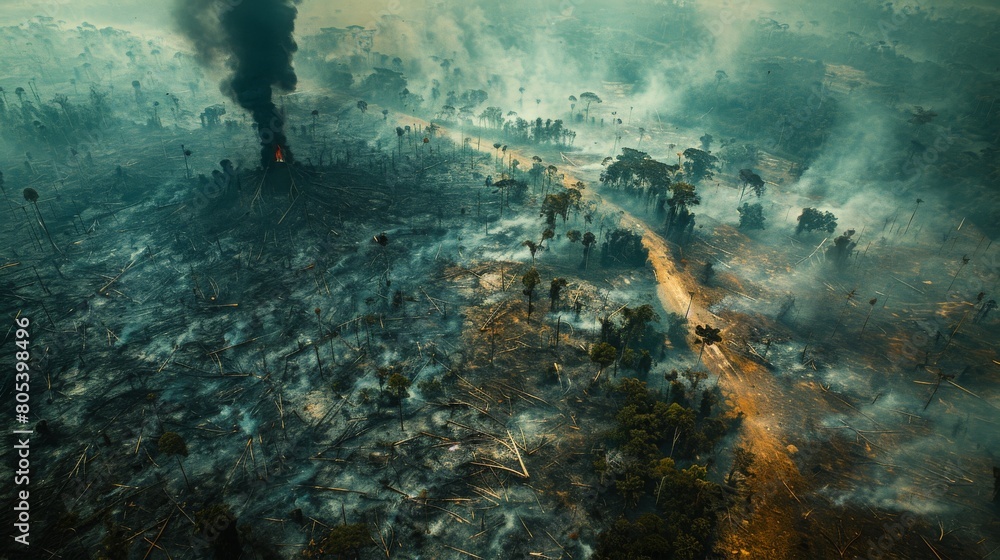 Scorched earth and burnt trees in a devastated forest landscape, smoke rising - Concept of wildfire damage and environmental crisis