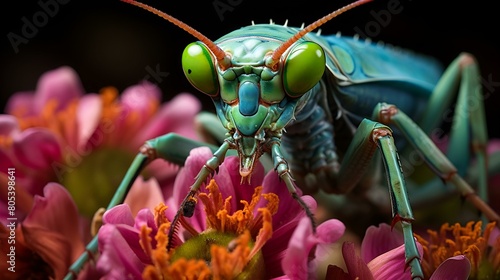 Vector illustration of a green grasshopper on a flower
