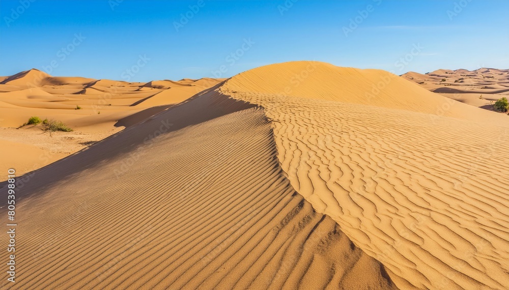 Deep golden sand spreads in undulating dunes in the desert landscape
