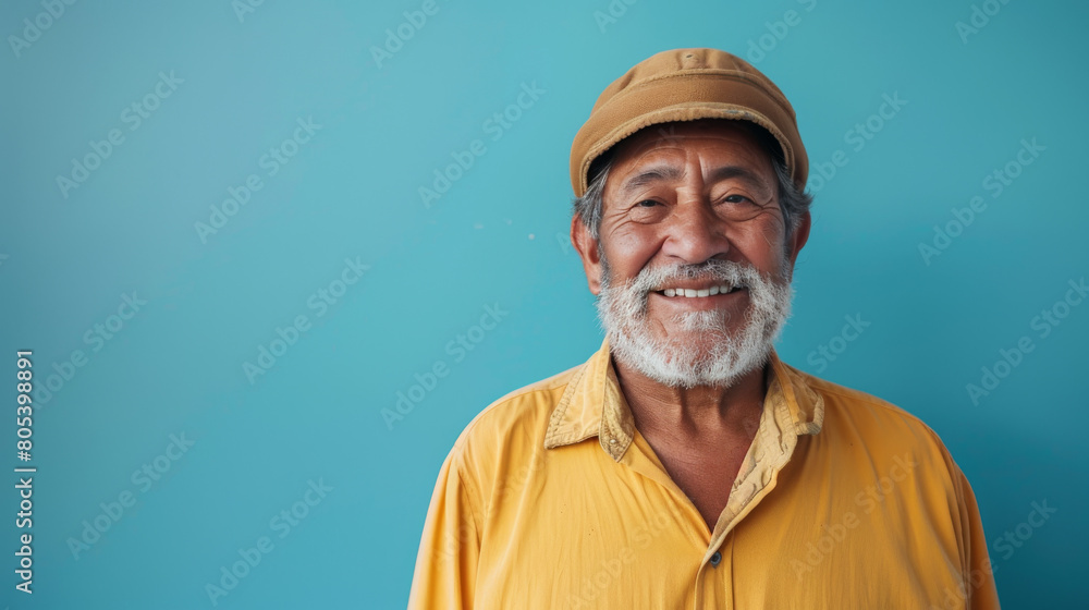 A man with a big smile on his face is wearing a yellow shirt and a hat A man with a big smile on his face is wearing a yellow shirt and a hat