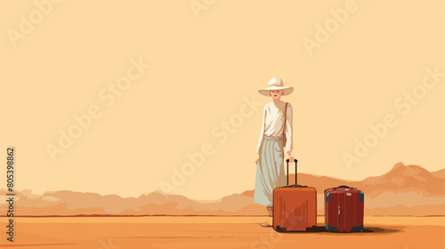 Senior woman with suitcases on brown background wit photo