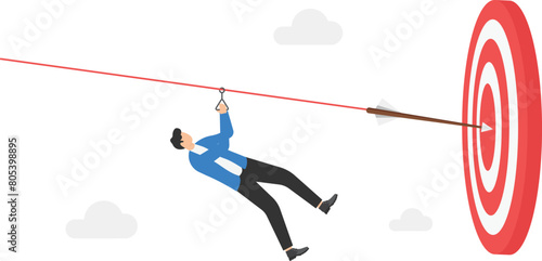 Reach the target, businessman use zipline reaching to the goal, the path to target achievement

