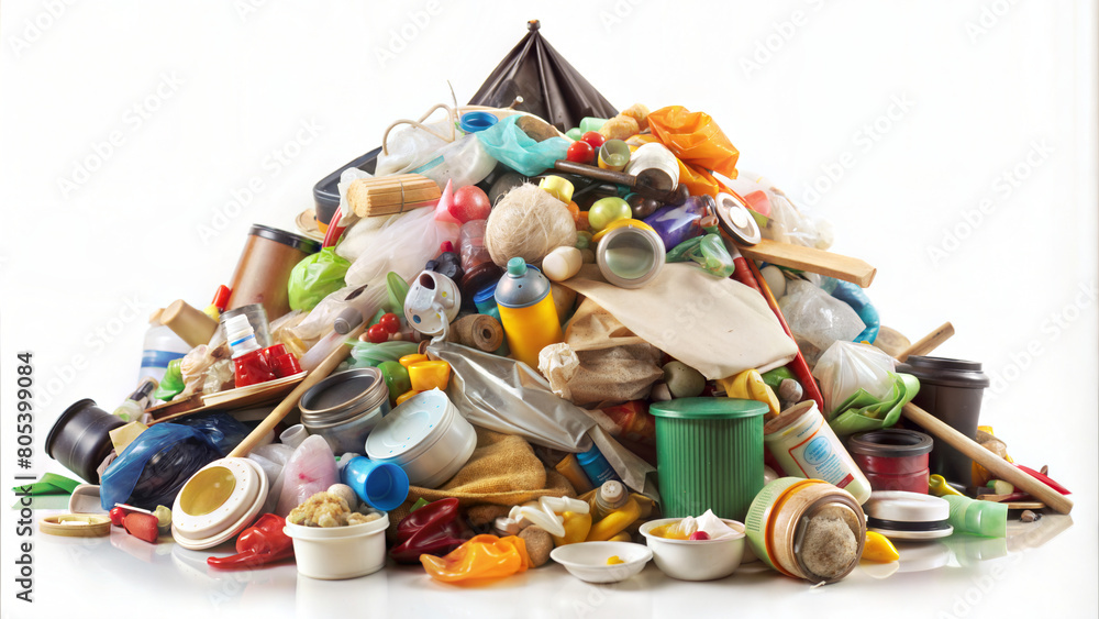Big pile of mixed waste highlighting the urgent need for effective sorting and recycling. Mixed waste theme, mixed waste sorting theme, pollution, trash mountain, food and plastic waste. Big pile of mixed waste highlighting the urgent need for effective sorting and recycling. Mixed waste theme, mixed waste sorting theme, pollution, trash mountain, food and plastic waste.
