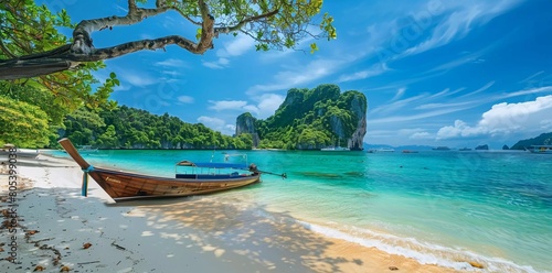 Landscape of koh Phi Phi Don island, Nui beach with speed boat in Krabi, Thailand  photo