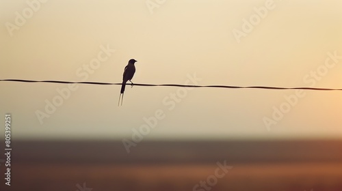 Songbirds Soliloquy A Lone Avian Perched on a Deserted Urban Telephone Wire photo