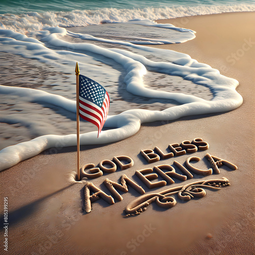 Fototapeta Naklejka Na Ścianę i Meble -  A small American flag in beach sand with the words 