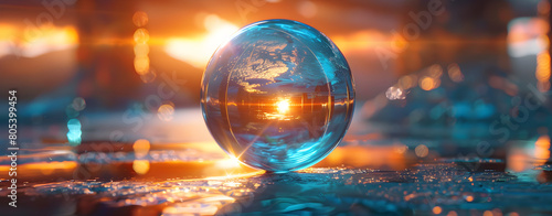 Abstract transparent world globe crystal ball with a tree inside of it on colorful blur background, selective focus at middle of ball globe Perfect glass sphere with beautiful nature background.