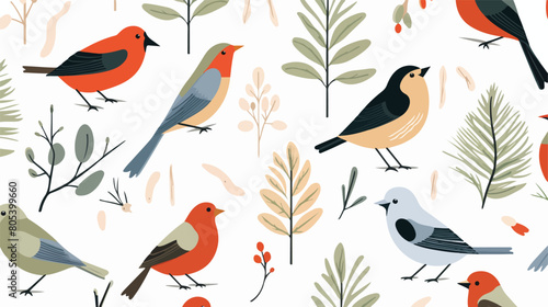 Seamless pattern with wild forest birds on white ba © Creative
