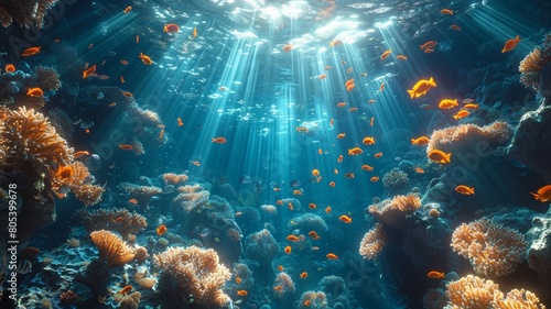 a large group of fish swimming over a coral reef photo