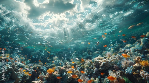a large group of fish swimming over a coral reef photo