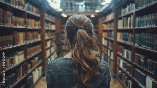 a woman standing in a library with lots of books