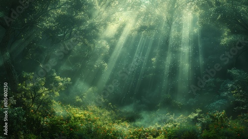 Enchanting forests with rays of sunlight, fairytale vibes