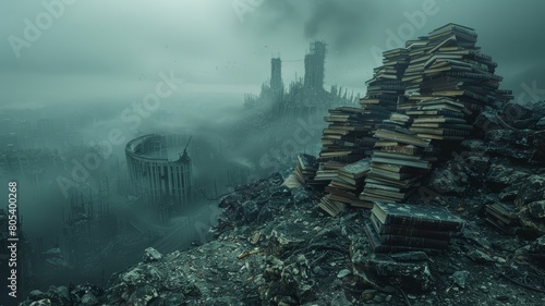 Dystopian library, the last books on Earth, a beacon of hope and learning, Stacks of books sit on piles of rubble and city ruins photo