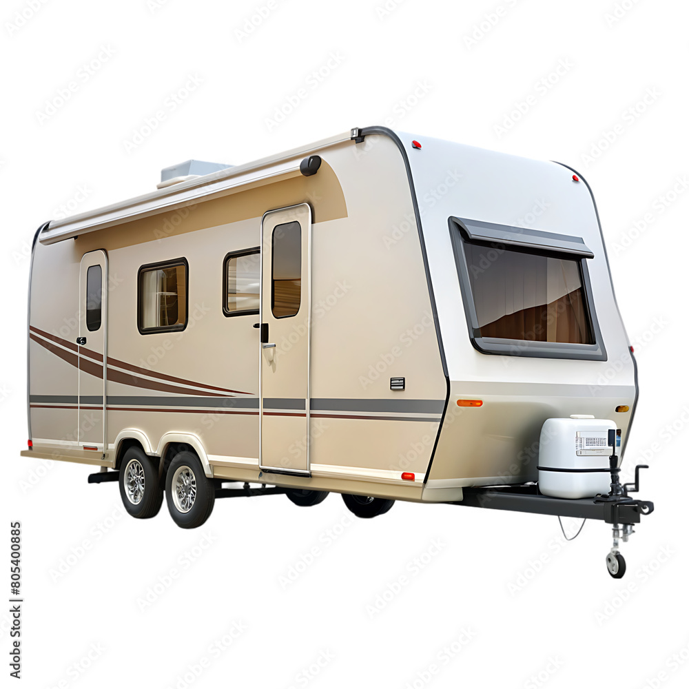 Vacation trip with Caravan Car on road. Camper and Summer drive on highway. Holiday journey