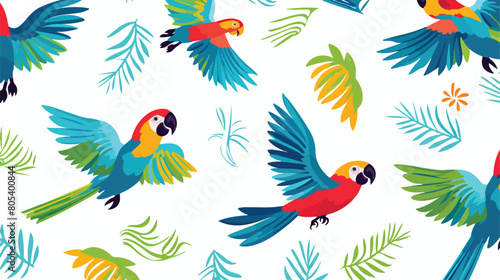 Seamless pattern with tropical parrots flying on wh