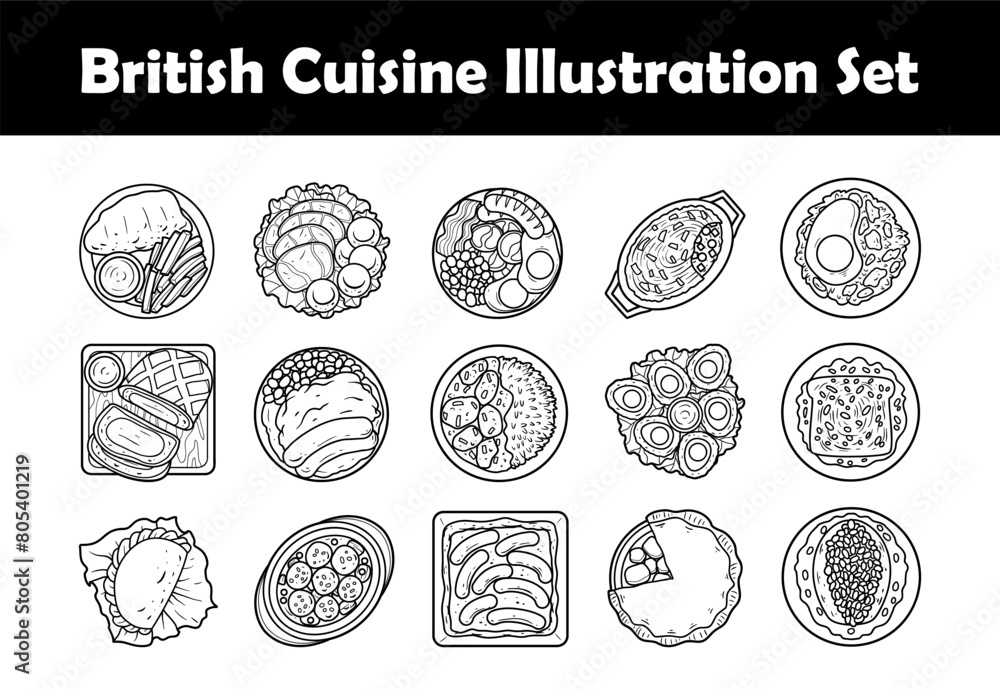 British cuisine top view vector outline illustration set British cuisine top view vector outline illustration set